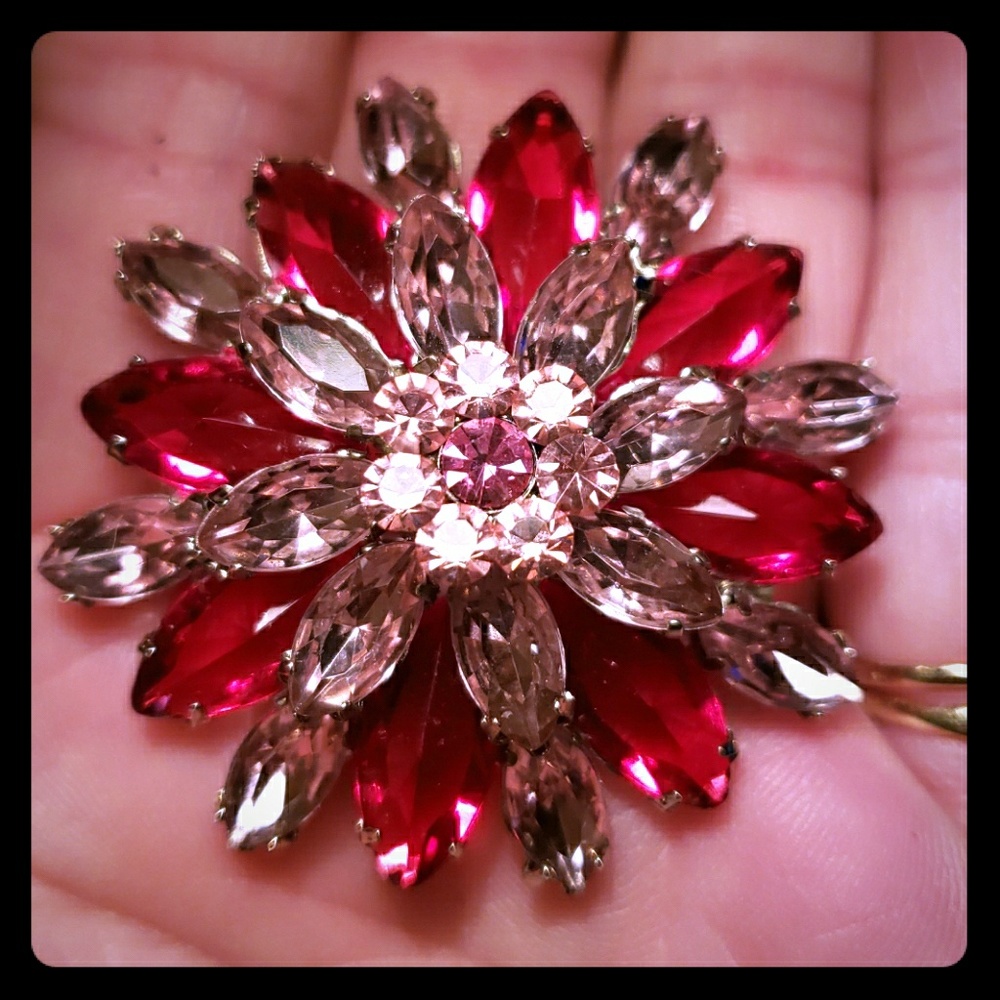 Pink & red silvertone cluster brooch pin